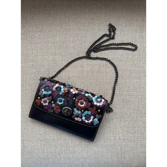 Coach Handbags - Coach Chain Crossbody With Leather Floral Boho Festival Travel Artsy Black